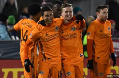 Dynamo players celebrate as the team won 2-1 against the Earthquakes