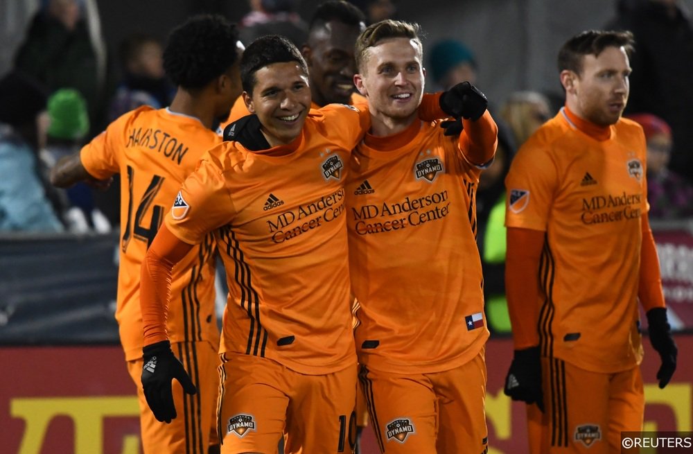 Dynamo players celebrate as the team won 2-1 against the Earthquakes