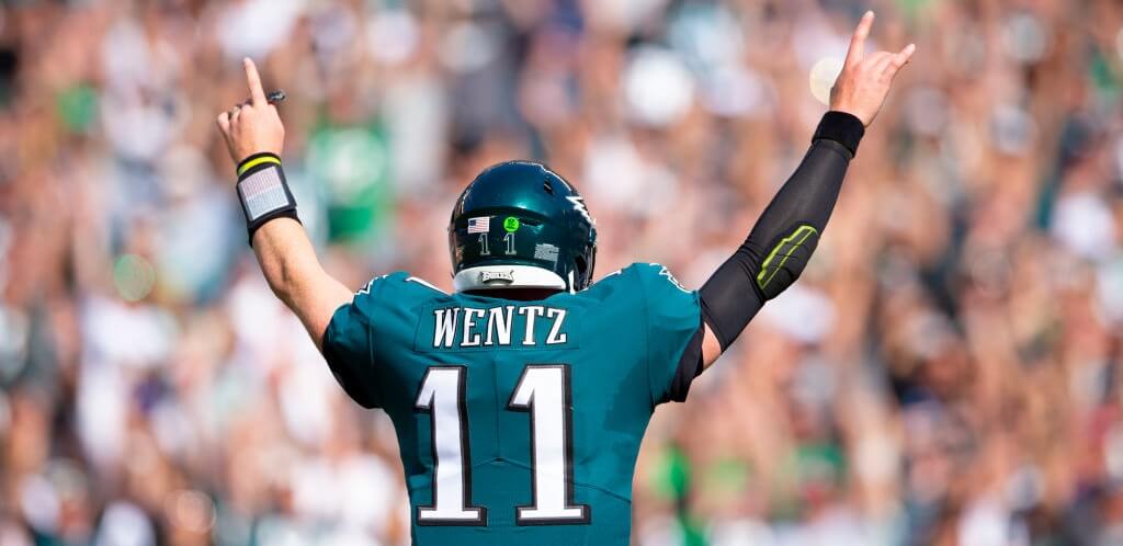 Carson Wentz of the Eagles during a celebration in the NFL season Week 4